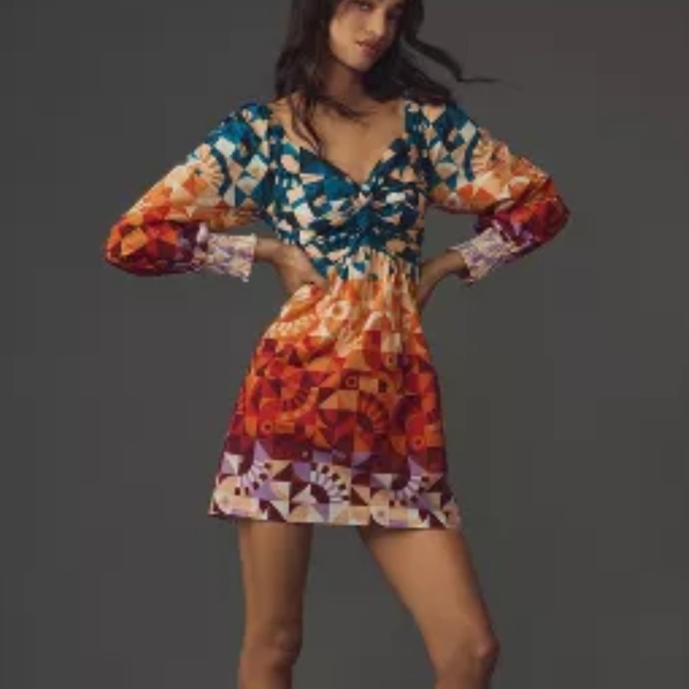 Farm Rio Long-Sleeve Printed Babydoll Mini Dress
